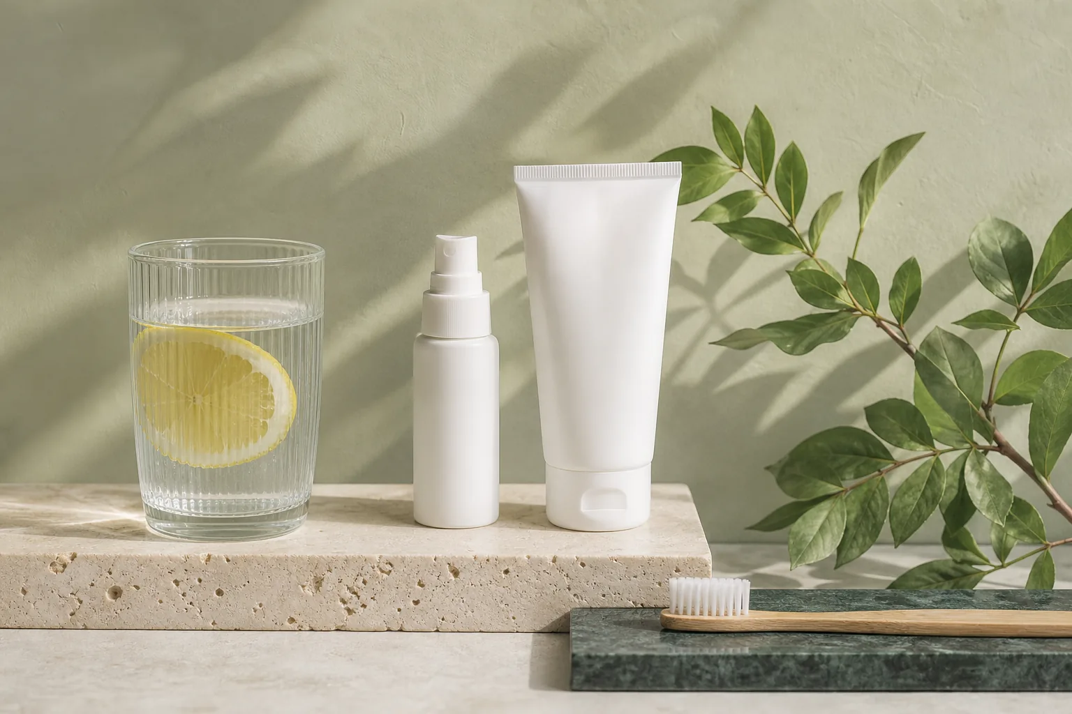 Gel, spray y comprimidos para la boca seca sobre una superficie clara, junto a un vaso de agua