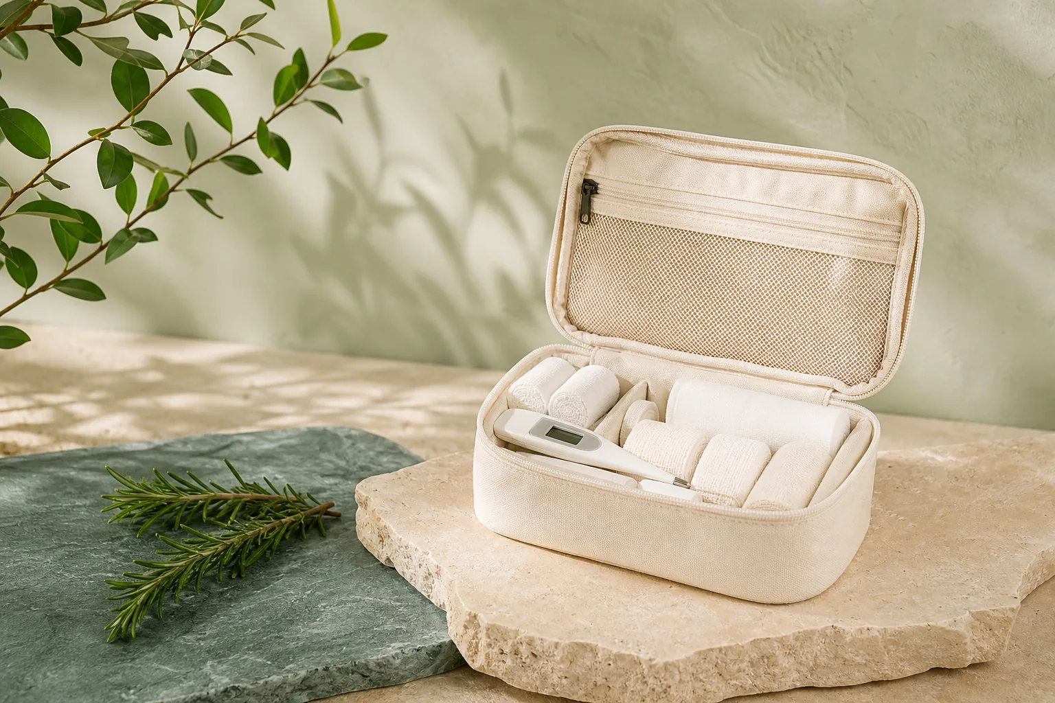Caja de botiquín abierta con gasas, rollos de esparadrapo, vendas y guantes sobre una mesa clara