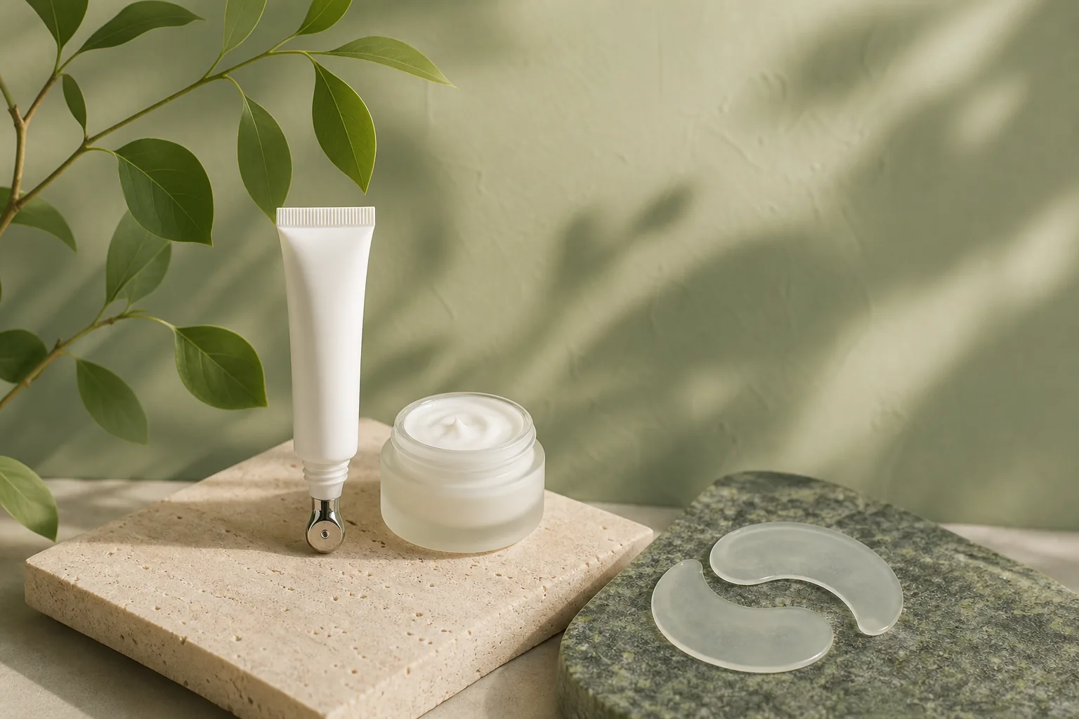 Frasco con pipeta, tubo de crema y parches de hidrogel para el contorno de los ojos sobre una superficie clara