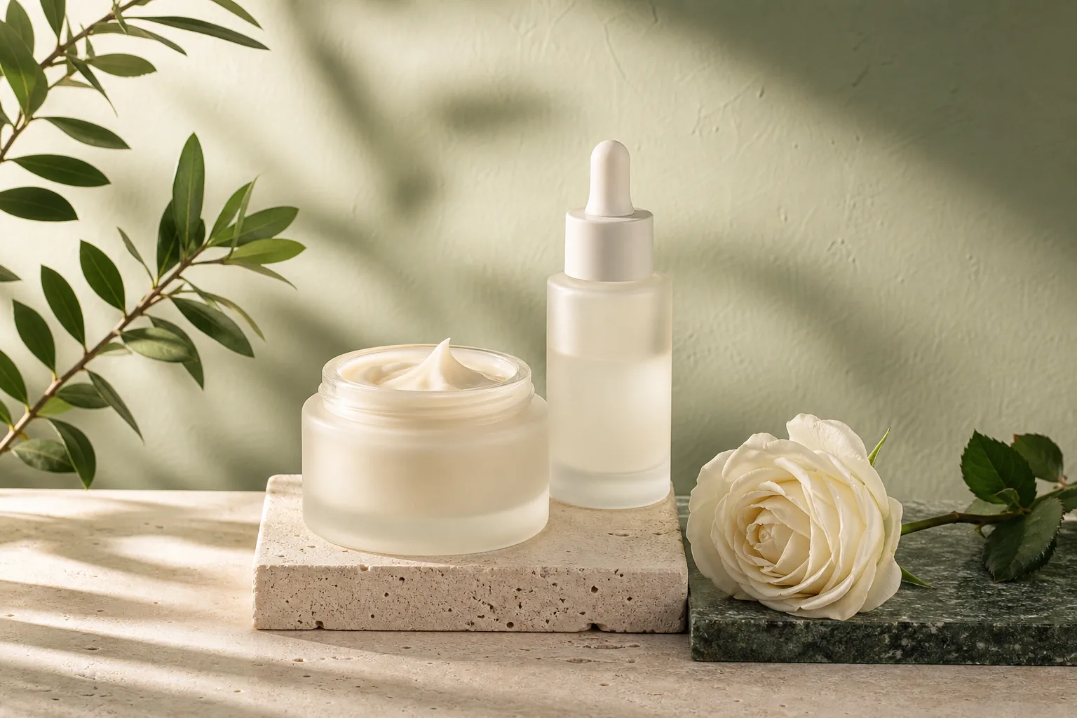 Tarro abierto de crema facial blanca con una espátula sobre una toalla clara