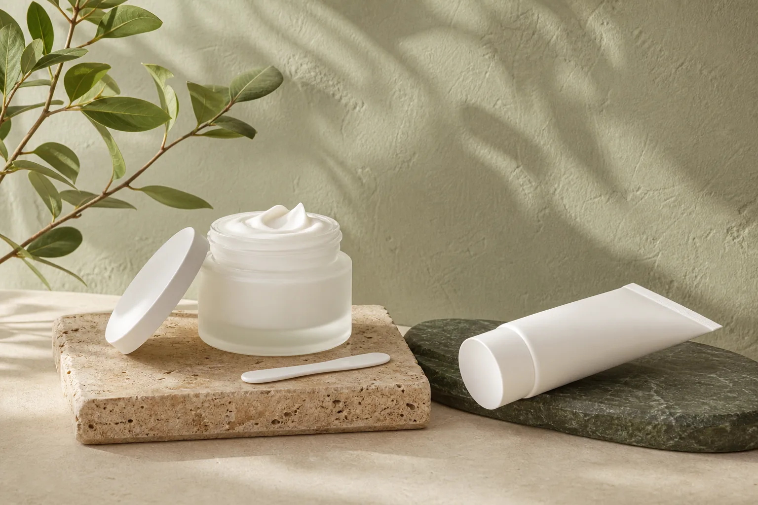 Tarro de crema hidratante facial abierto junto a una hoja verde sobre una superficie clara