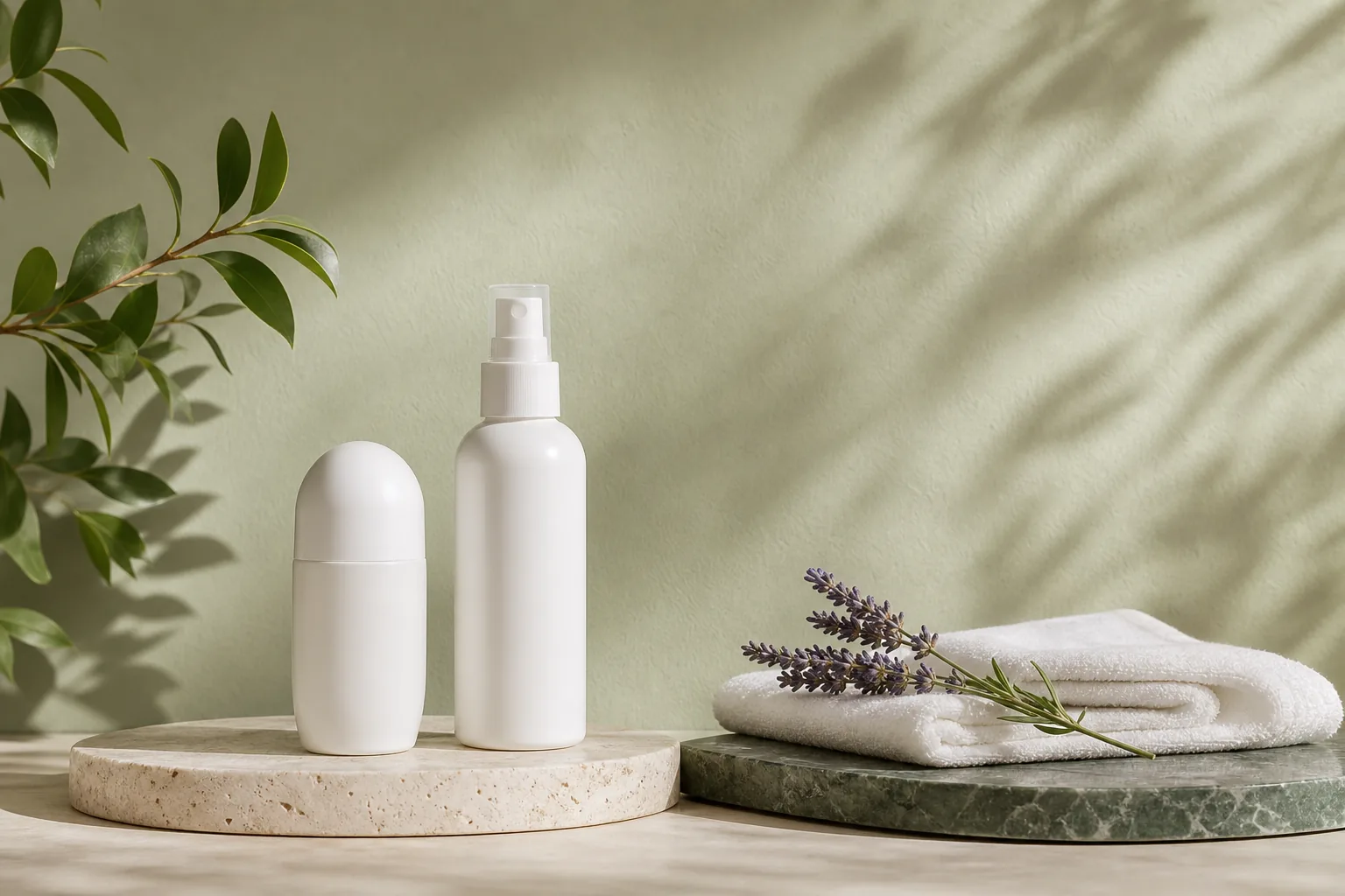 Desodorante roll-on y spray blancos sin etiqueta sobre una peana de piedra, junto a una toalla doblada y una ramita de lavanda