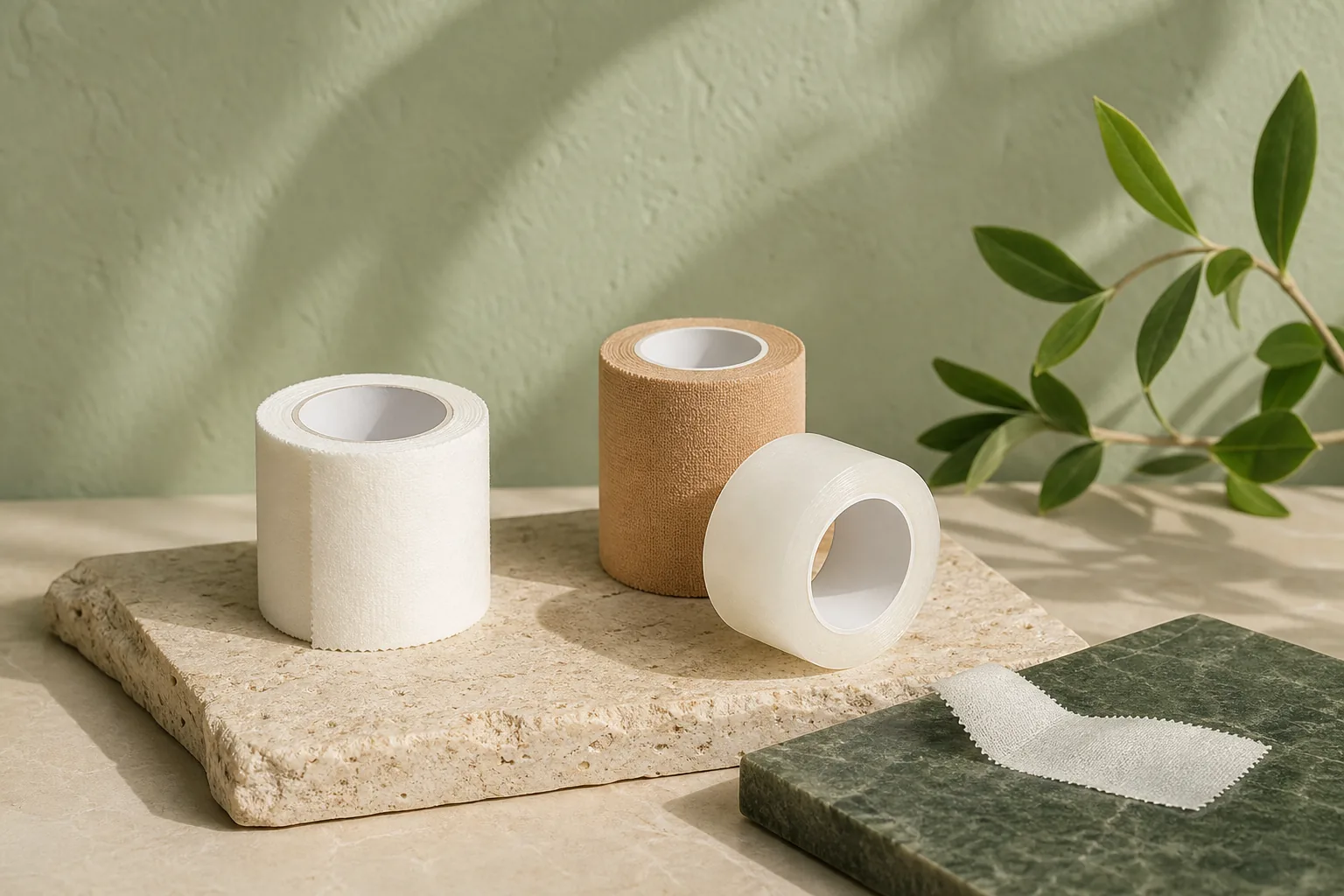 Tres rollos de esparadrapo, de papel blanco, de tela color carne y transparente, junto a un trozo de gasa sobre piedra