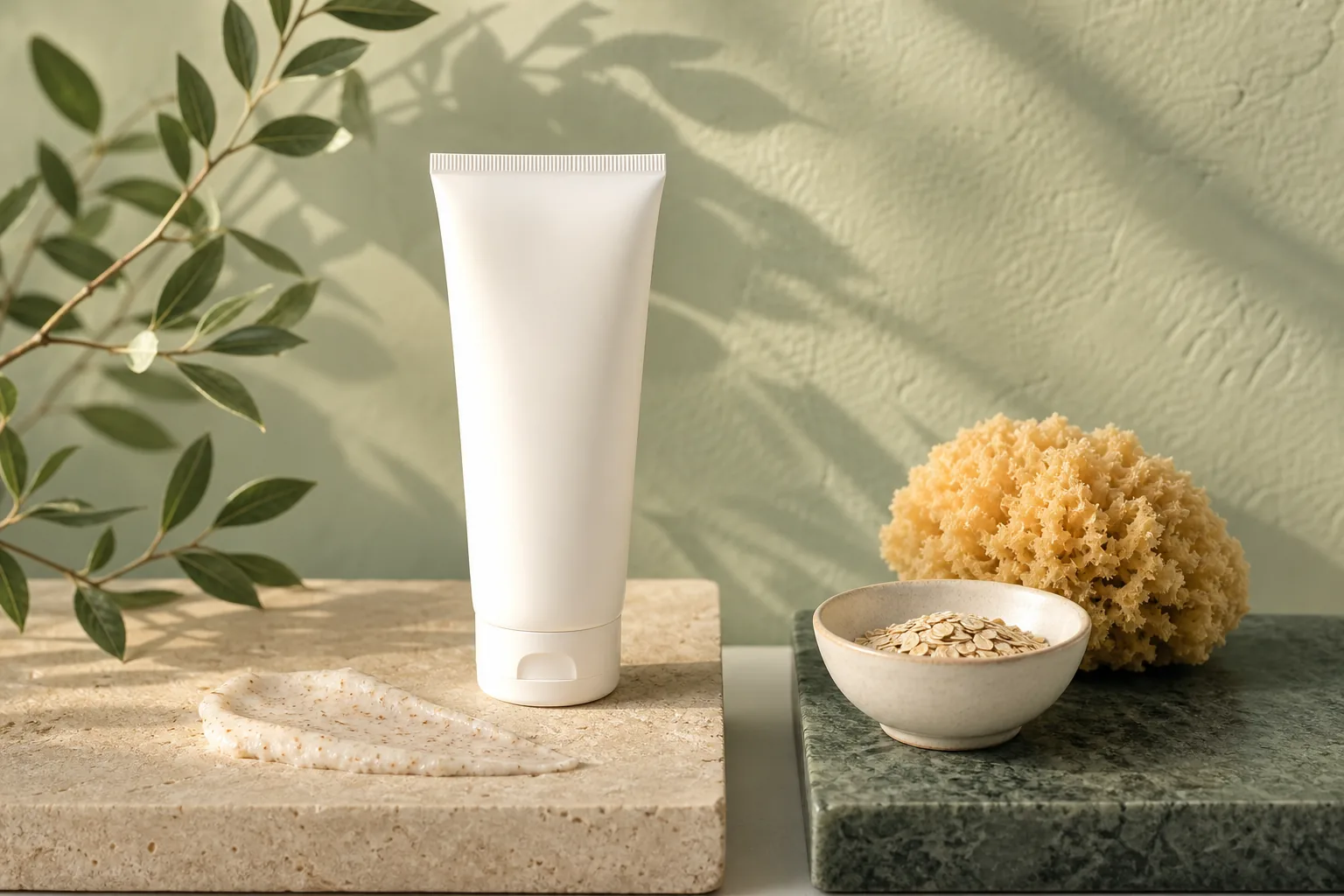 Tubo blanco sin etiqueta con una muestra de crema exfoliante granulada sobre una piedra clara, junto a un bol con copos de avena y una esponja natural
