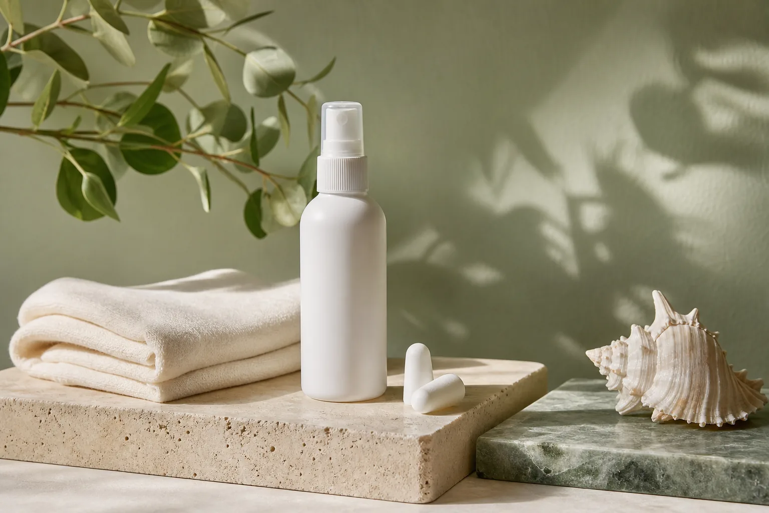 Frasco de spray para los oídos, un estuche y una toalla blanca sobre una superficie clara