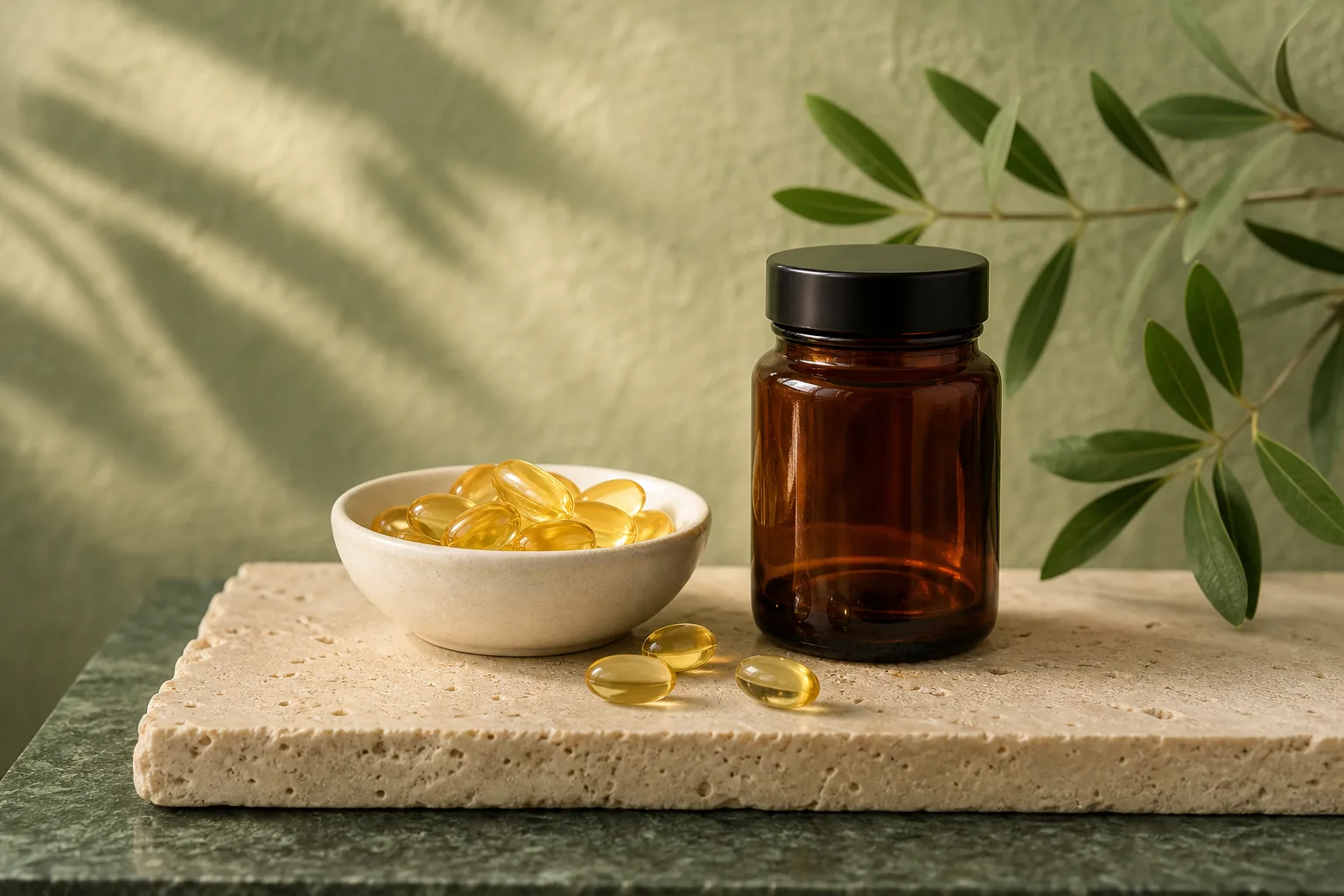 Cápsulas blandas de omega 3 en un cuenco de cerámica junto a un frasco de vidrio ámbar
