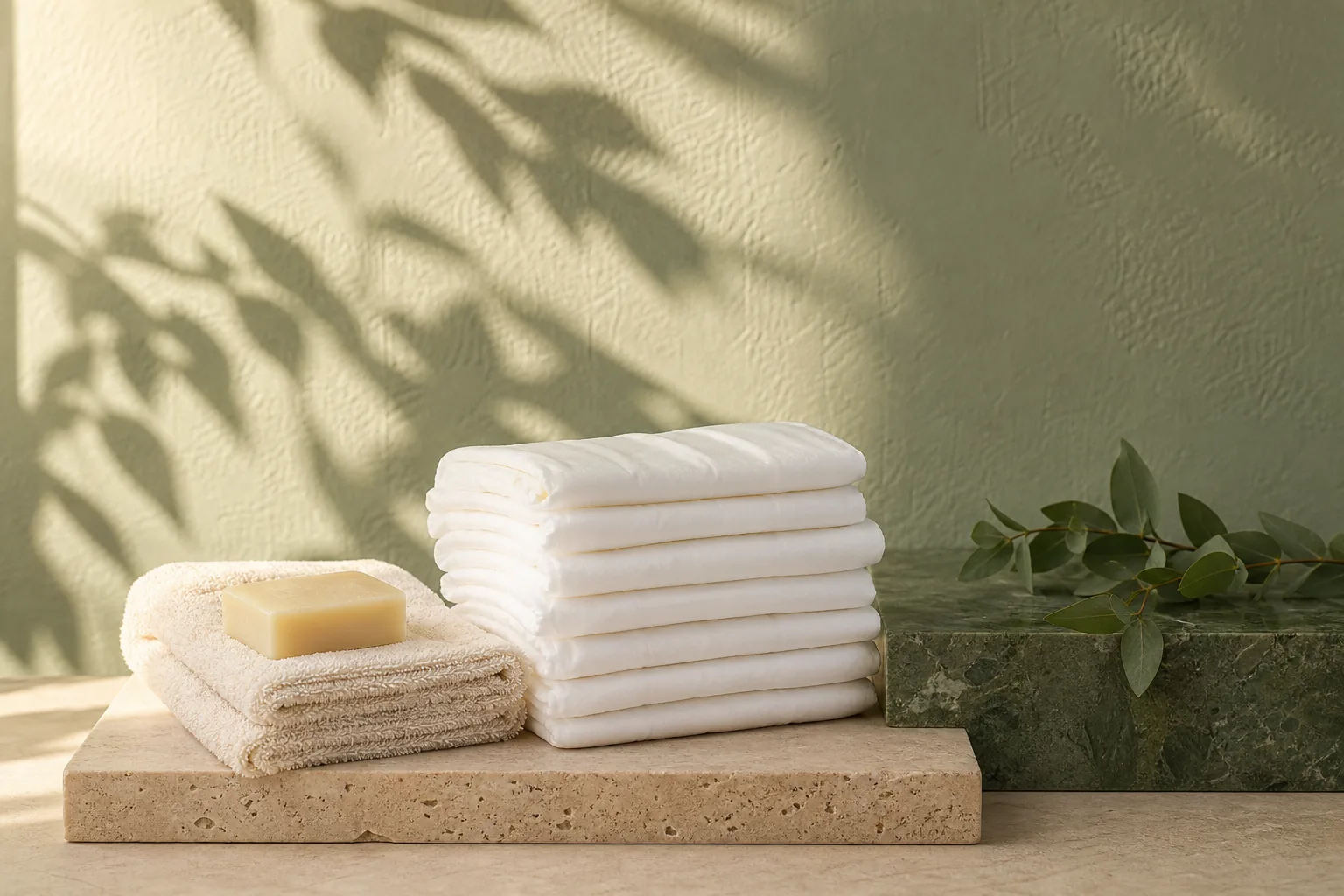 Paquetes de absorbentes para adultos de distintos tamaños sobre una mesa clara junto a una cinta métrica y una toalla doblada
