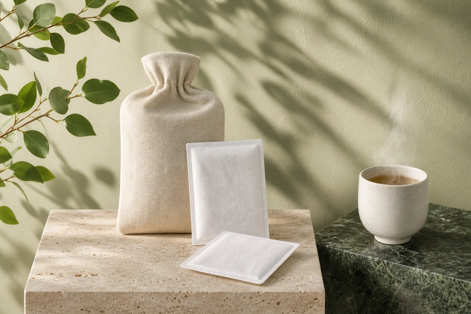 Parche térmico adhesivo sobre una toalla blanca doblada junto a una taza, sobre una superficie clara
