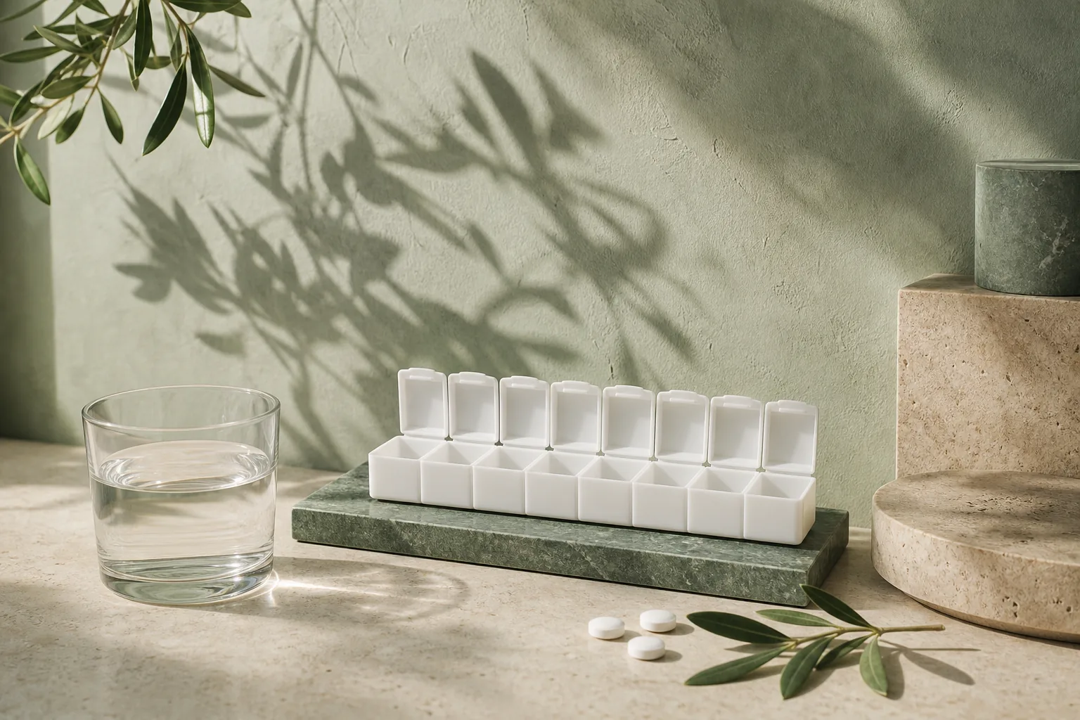 Pastillero semanal blanco con siete compartimentos y un vaso de agua