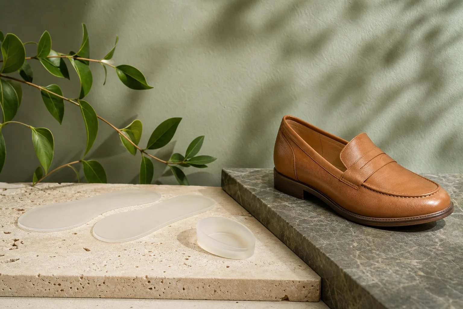 Plantillas de gel y una talonera de silicona junto a un zapato