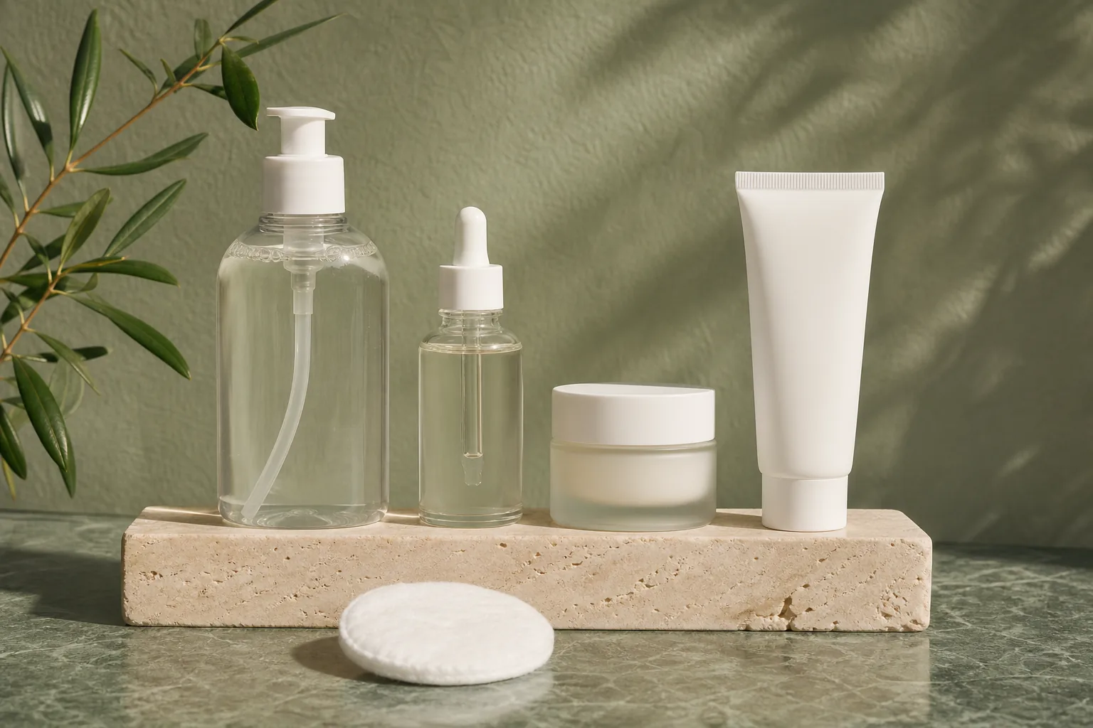 Limpiador, hidratante y protector solar facial alineados sobre una repisa de baño, junto a una toalla blanca