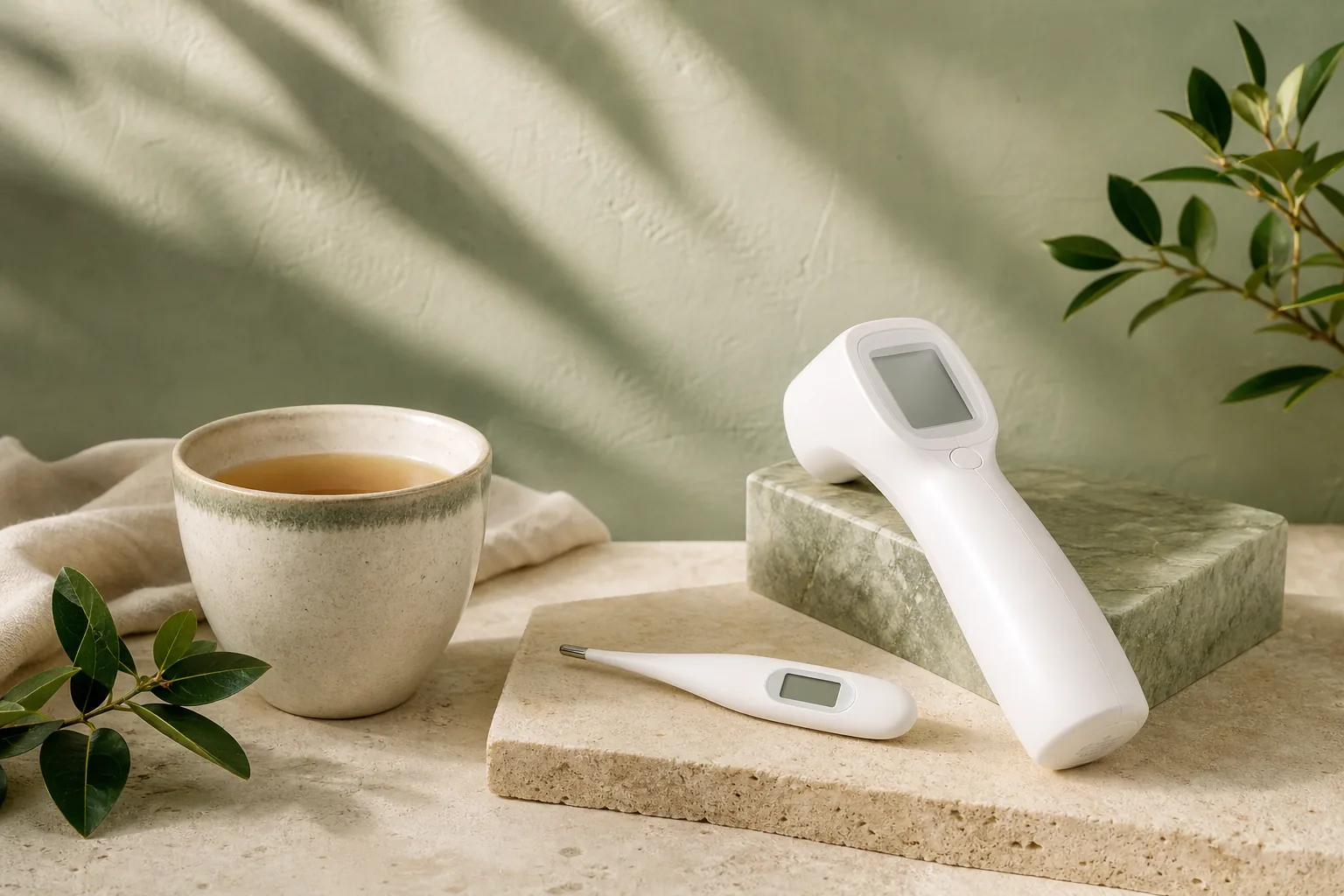 Termómetro digital y termómetro sin contacto junto a una taza de infusión