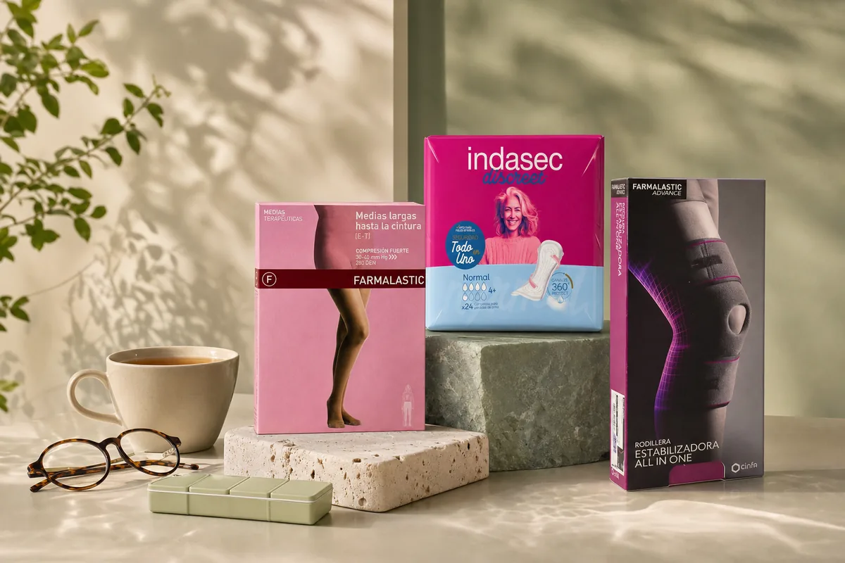 Caja de medias largas hasta la cintura de compresión fuerte de Farmalastic junto a otros productos de farmacia